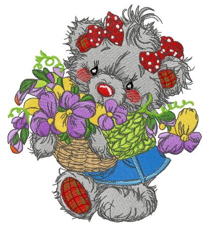 Bear collecting flowers machine embroidery design