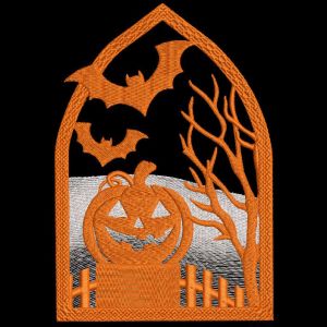Halloween pumpkin on a fence embroidery design
