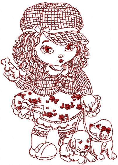 stylish curly girl redwork embroidery design 2