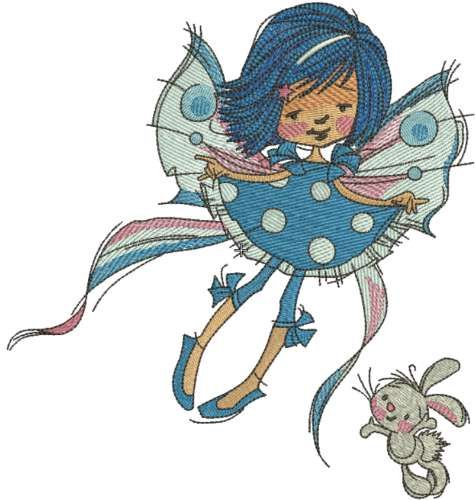 blue fairy with cute bunny embroidery design