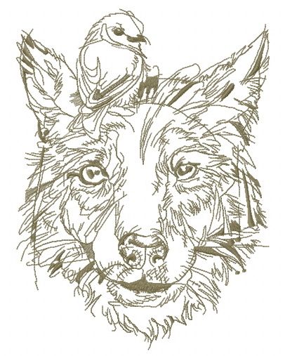 Dog with bird on head sketch machine embroidery design