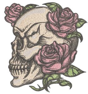 Skull overgrown with roses embroidery design