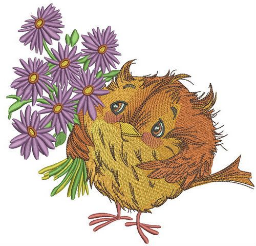 Sparrow with asters machine embroidery design