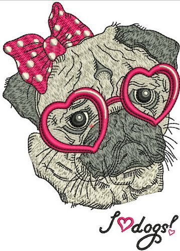 Posh pug-dog machine embroidery design