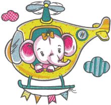 Baby elephant in helicopter embroidery design