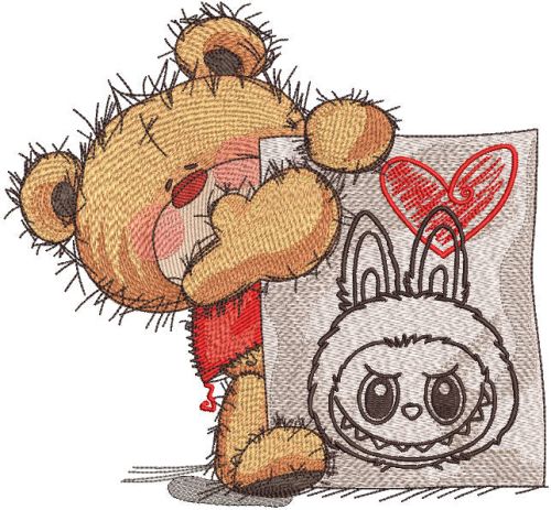 Teddy bear love labubu embroidery design