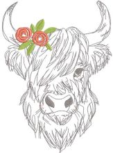Highland cow with roses embroidery design