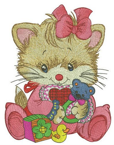 Kitten with baby rattle machine embroidery design