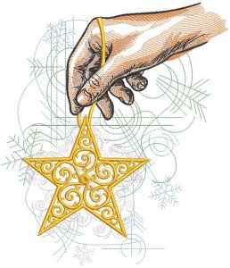 Hand holding Christmas gold star embroidery design