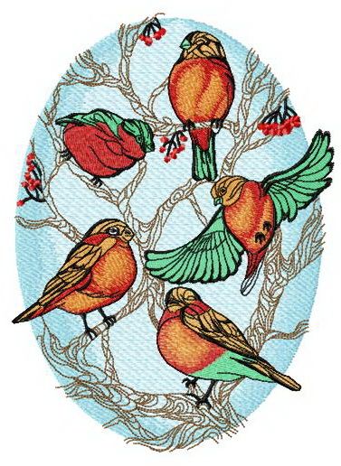 Flock of bullfinches on rowan machine embroidery design
