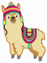 Alpaca with colorful hat and horsecloth