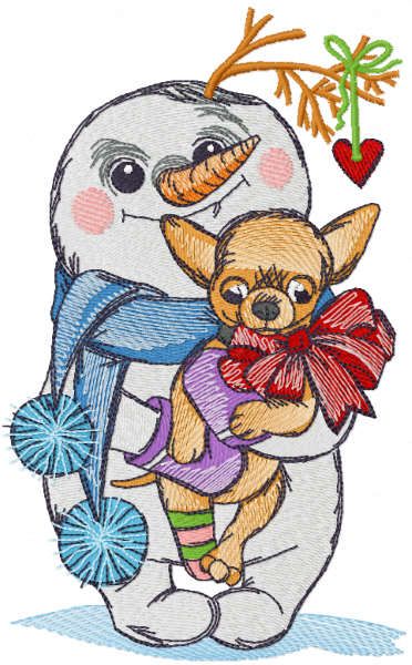 Snowman with chihuahua embroidery design