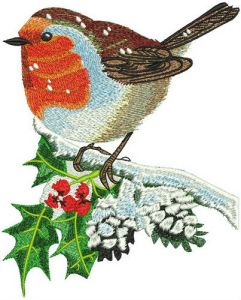 Robin on holly branch embroidery design