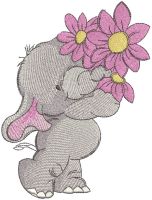 Elephant with bouquet pink flower embroidery design