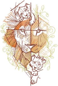 Lioness with cubs geometry style embroidery design