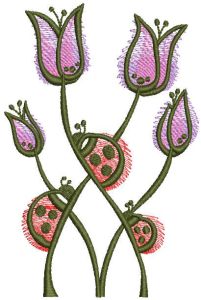 Diseño de bordado de flores violetas de mariquitas.