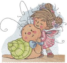 Fairy meet with snail embroidery design