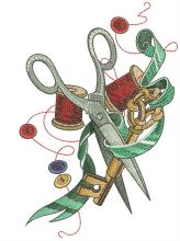 Scissors, ribbon, key and threads