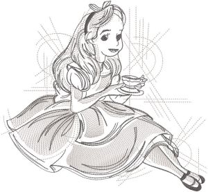 Alice with tea cup art sketch embroidery design