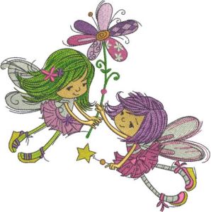 Two flying fairies with one flower embroidery design