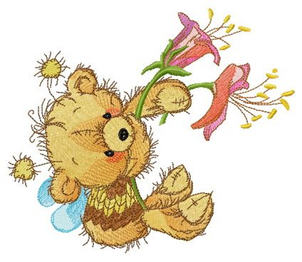 Bear in bee costume with flowers machine embroidery design
