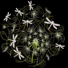 Night dragonflies and dandelion embroidery design