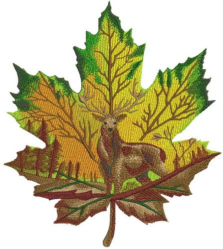 Horned deer on maple leaf machine embroidery design