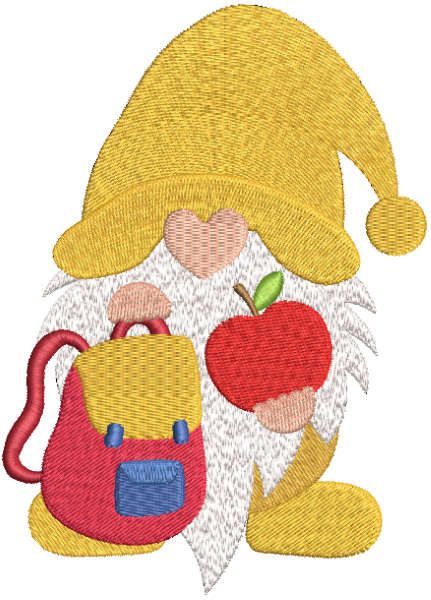 School gnome with backpack and apple embroidery design