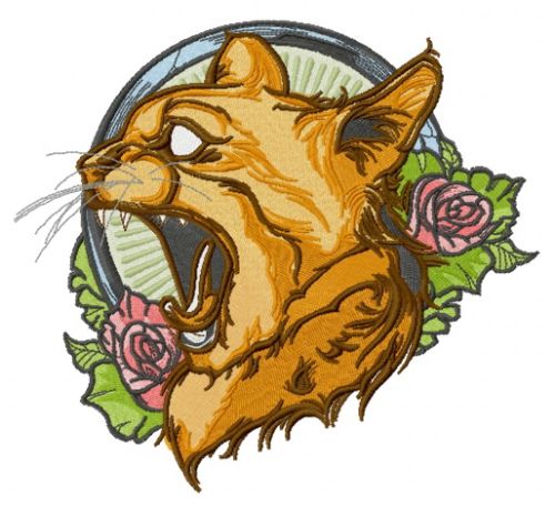 Yawning cat with roses full color machine embroidery design