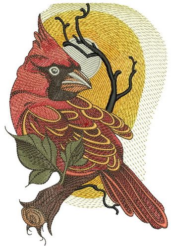 Northern cardinal and sunset machine embroidery design