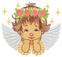Blonde angel with a wreath of roses embroidery design
