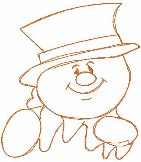 Cheerful snowman in top hat one color embroidery design