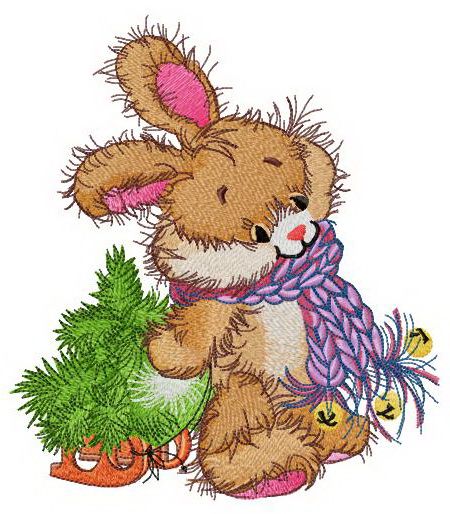 Adorable bunny with tiny fir tree machine embroidery design