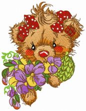 Teddy bear with pansies embroidery design
