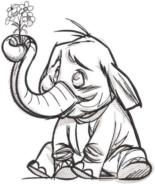 Sitting baby elephant with flower sketch embroidery design