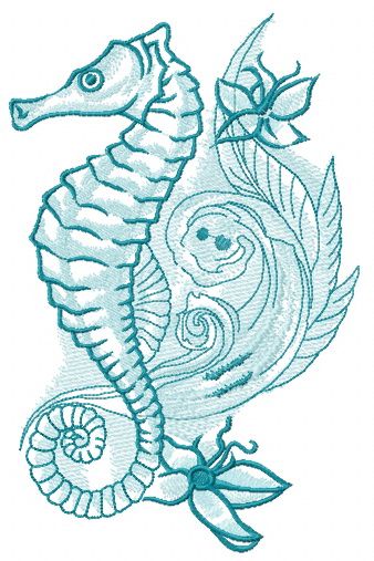 Blue sea horse with flowers machine embroidery design