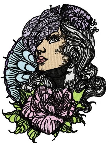Lady in hat with veil and umbrella machine embroidery design