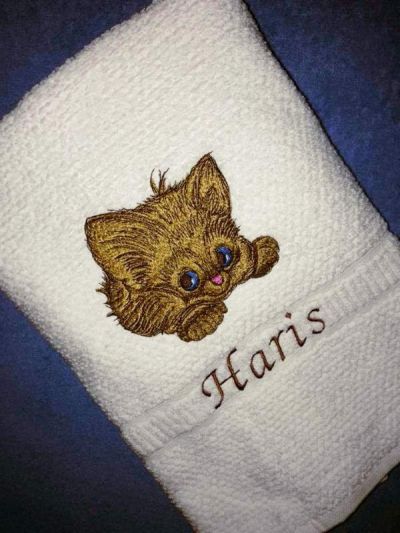 Embroidered towel with cat design