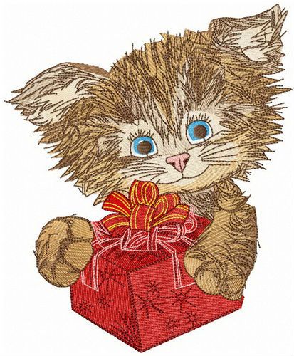 Shaggy cat with present machine embroidery design