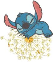 Stitch sleeps on a dandelion embroidery design
