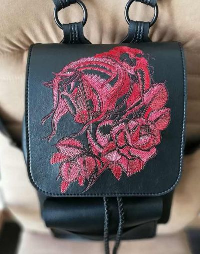 Leather backpack with Riding horse embroidery design