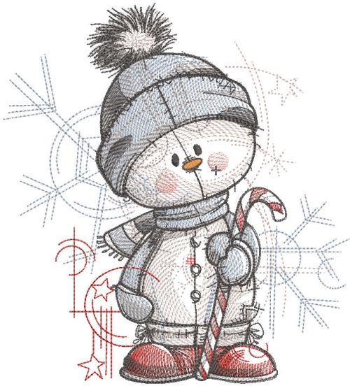 Joyful Snowman with Candy Cane embroidery design