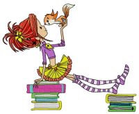 Girl with squirrel in library embroidery design