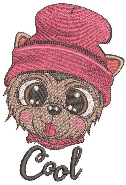 Dog in winter hat with tongue hanging out embroidery design