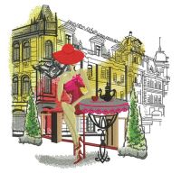 Posh girl in cafe embroidery design