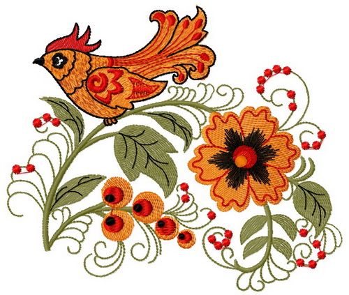 Firebird and flower machine embroidery design