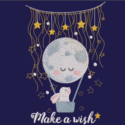 Bunny in a hot air balloon in the night sky embroidery design