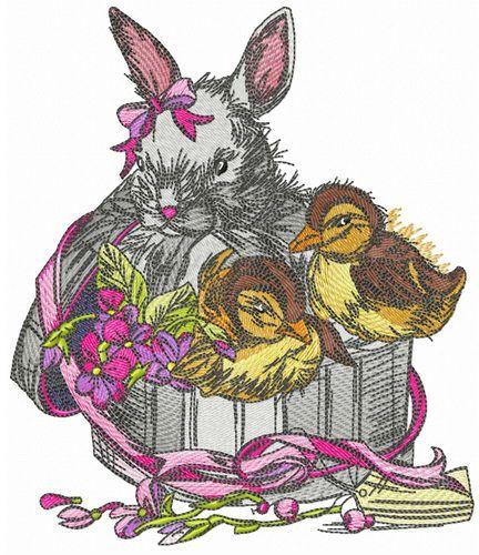 Box with bunny and ducklings machine embroidery design