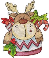 Reindeer in scandinavian knitted sock with gifts embroidery design