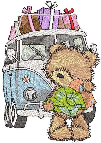 Teddy bear with map near or minibus embroidery design